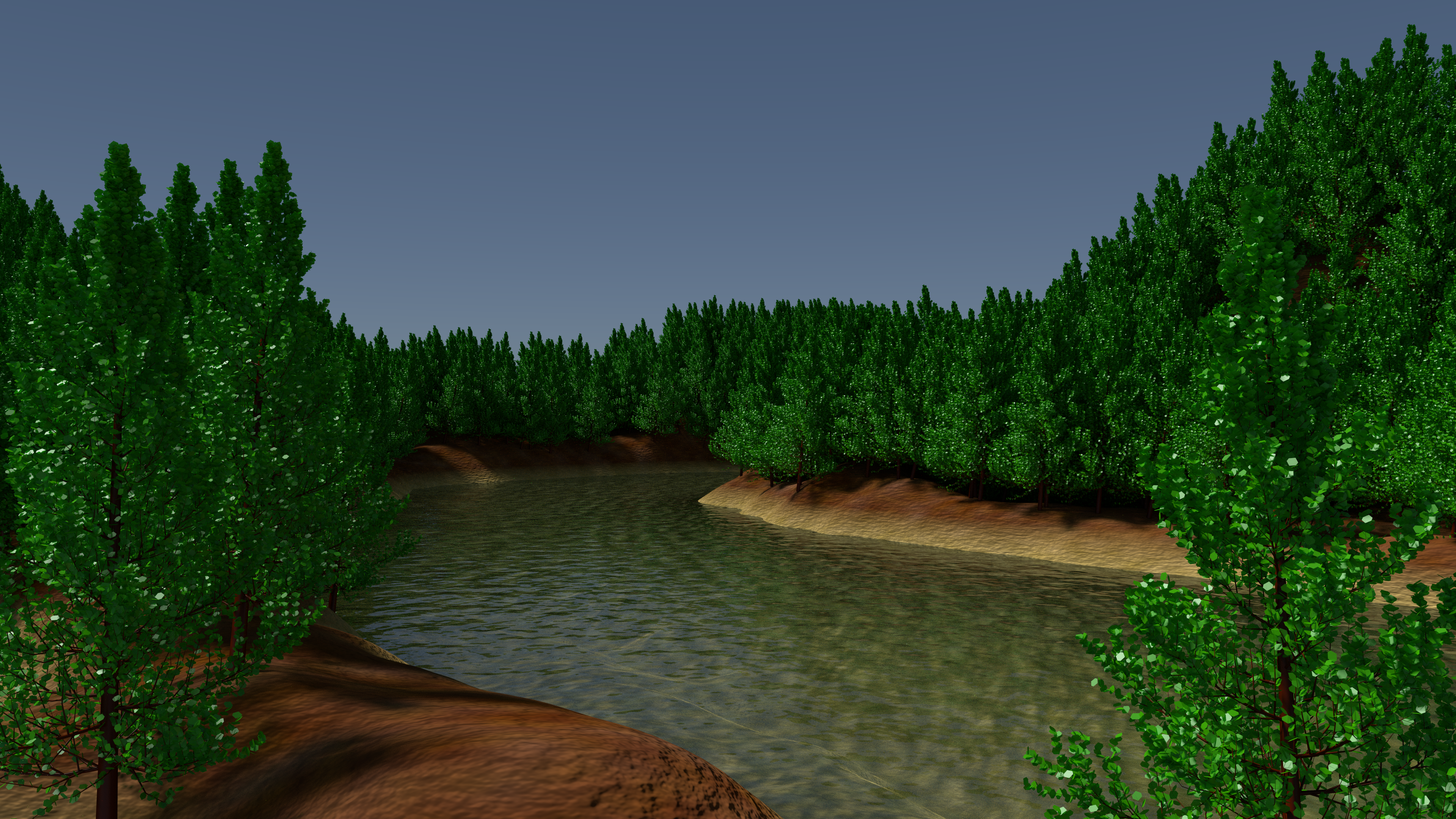 3D rendering. Landscape with trees and a river. The camera is on the left shore, looking to the right as the river does a right bend. The water is clear and the ground is sandy. The forest is dense to both sides of the river.